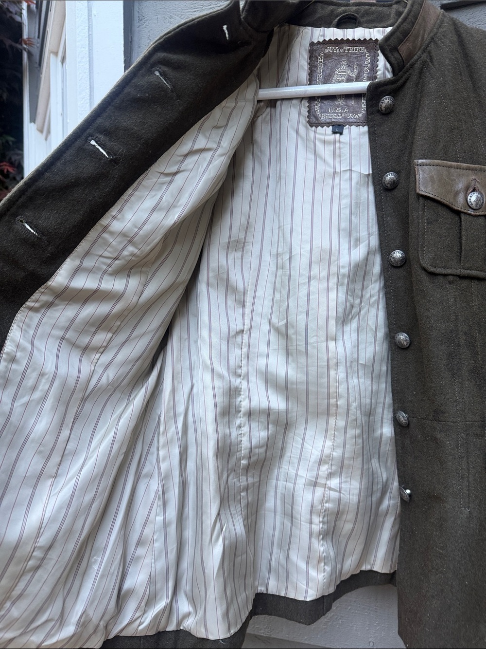 Military-Style Olive Green Button wool and leather Jacket by My Tribe size Large - Picture 12 of 15